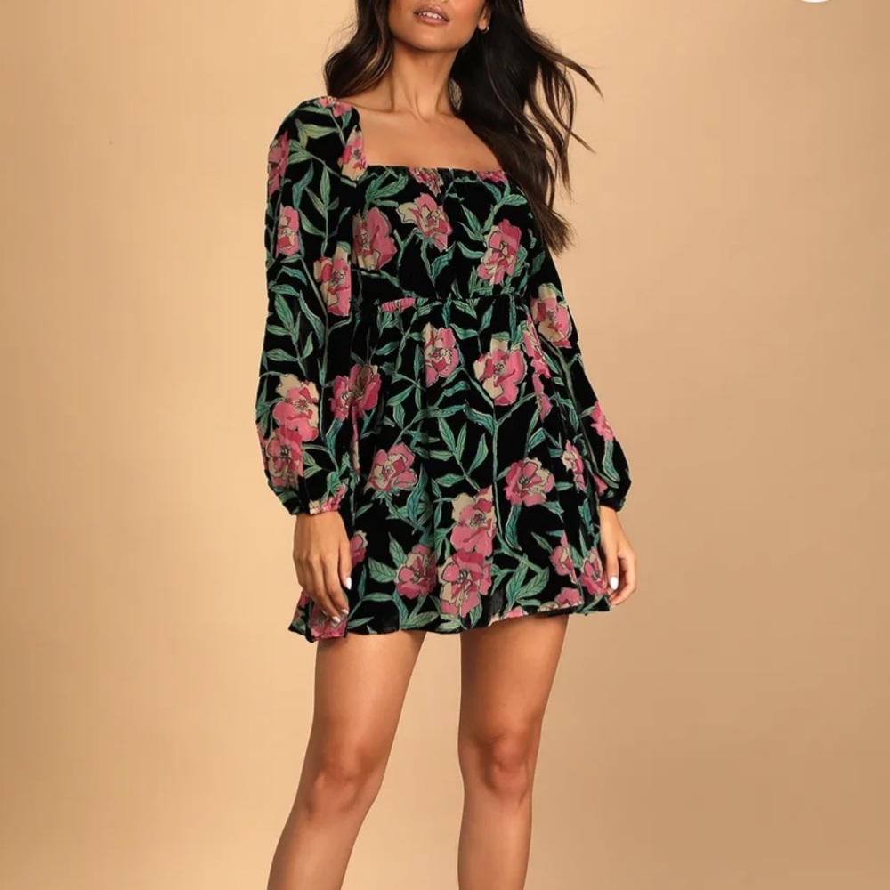 Floral Print Velvet Babydoll Dress - LuLu’s